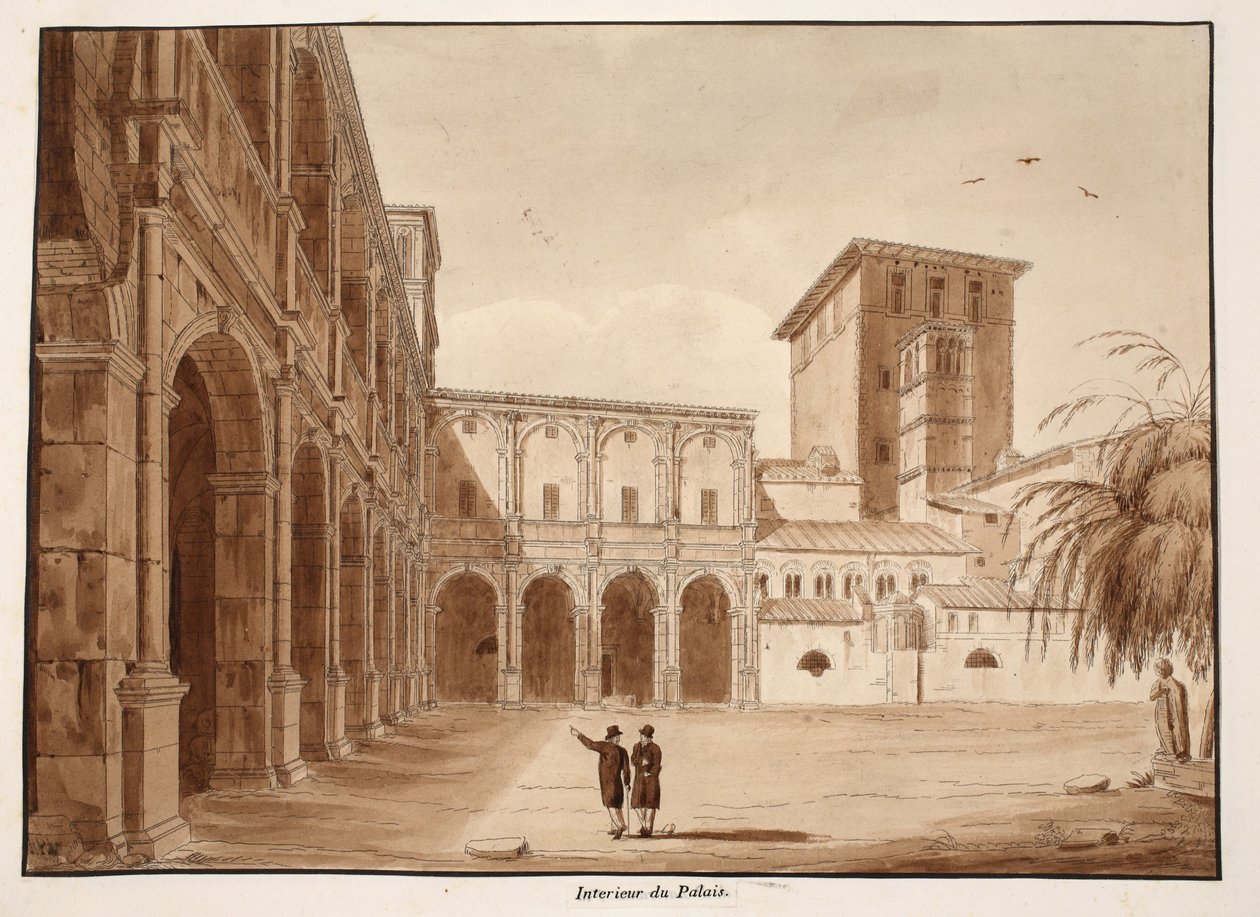 Inne i Palazzo di Venezia, 1833 (etsing med brun vask) av Agostino Tofanelli