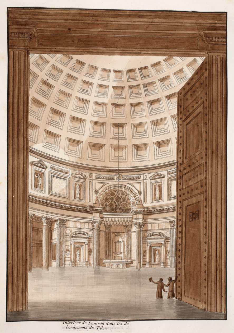 Interiøret i Pantheon etter at Tiberen brøt sine bredder, 1833 (etsing med brun vask) av Agostino Tofanelli