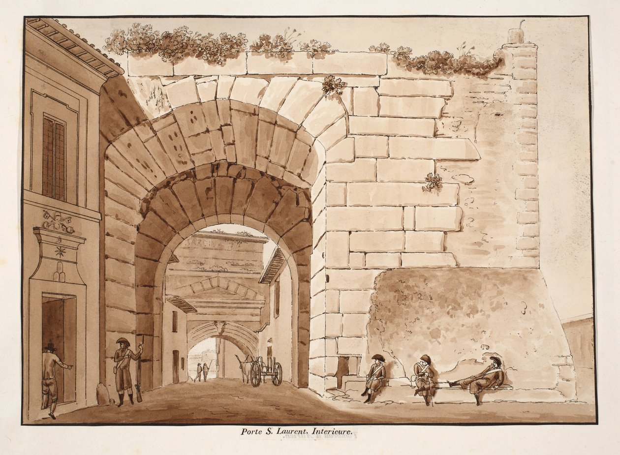 Interiør i Porta San Lorenzo, 1833 (etsing med brun vask) av Agostino Tofanelli