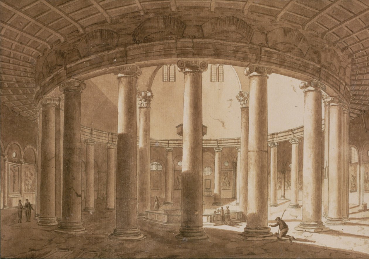 Interiør av Claudius-tempelet i Roma, ca. 1800 (penn og sepiavask på papir) av Agostino Tofanelli