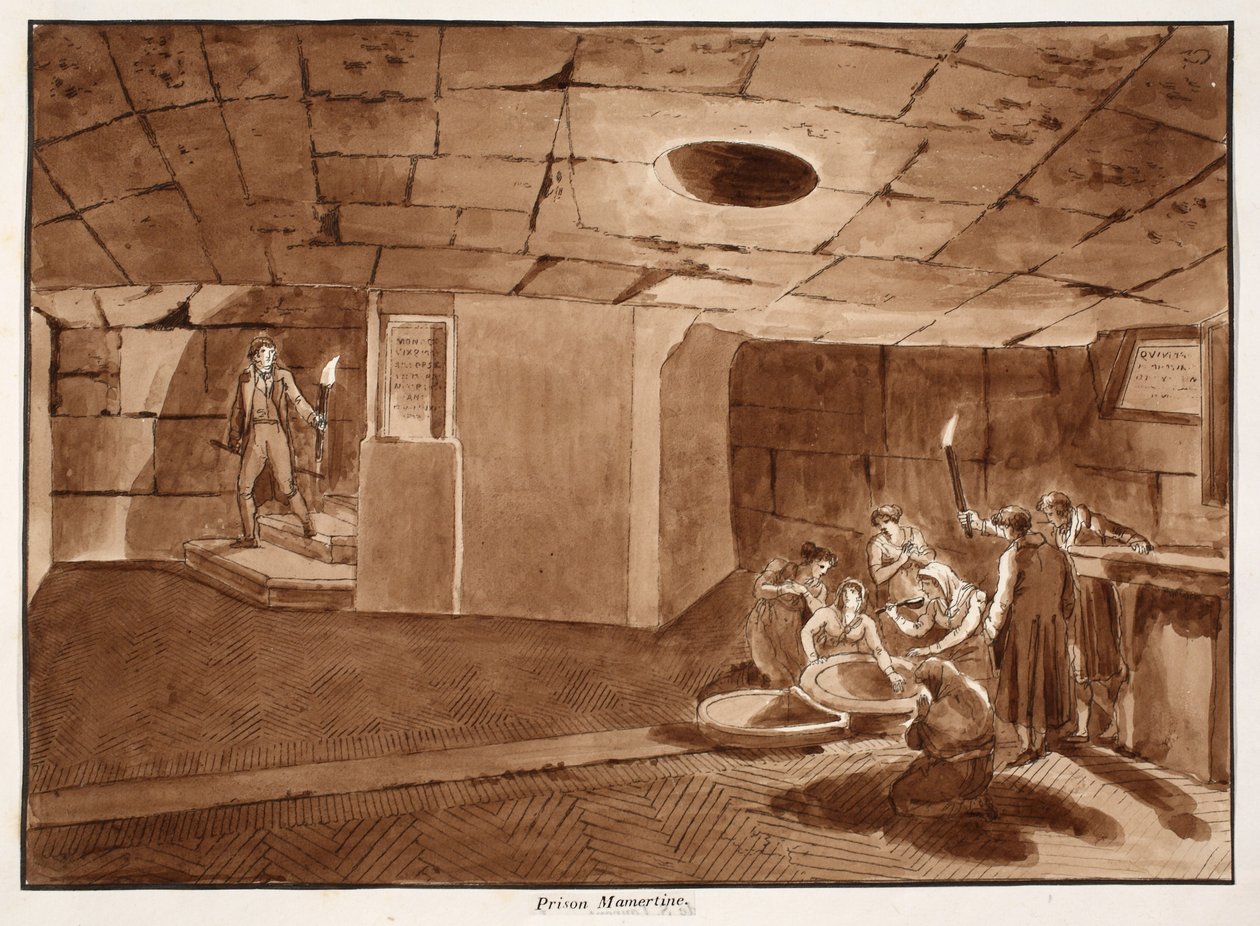 Mamertine fengsel, 1833 (etsing med brun vask) av Agostino Tofanelli