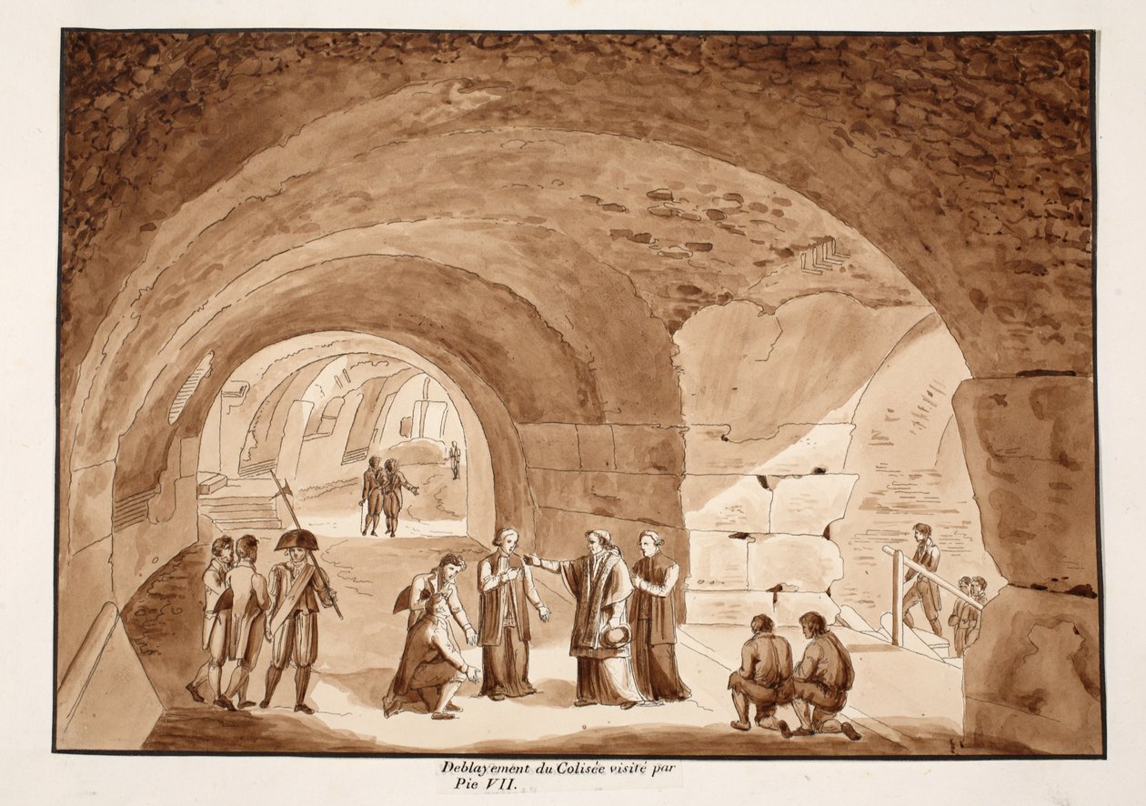 Pius VII besøker verkene ved Colosseum, 1833 (etsing med brun vask) av Agostino Tofanelli