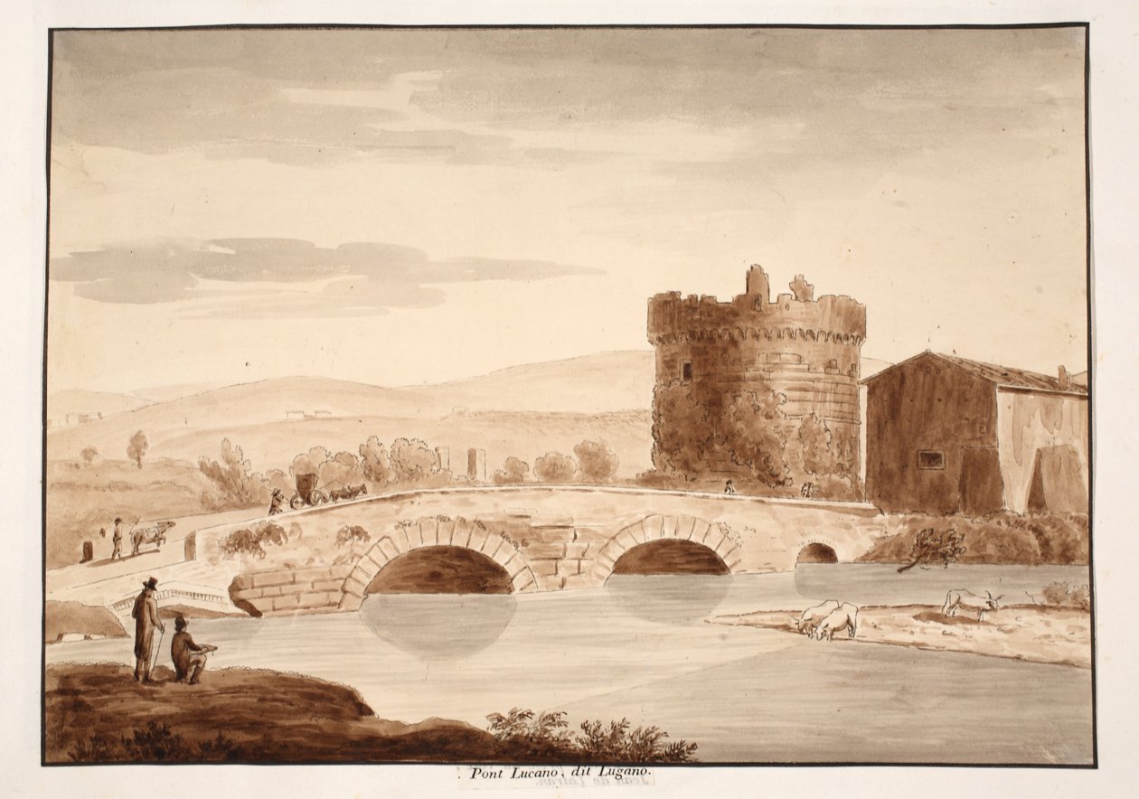 Ponte Lucano, eller Lugano, 1883 (etsing med brun vask) av Agostino Tofanelli