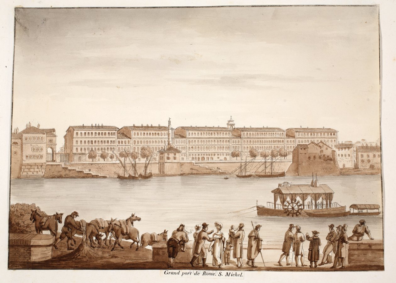 Port of Ripa Grande og Ospizio di S. Michele, 1833 (etsing med brun vask) av Agostino Tofanelli