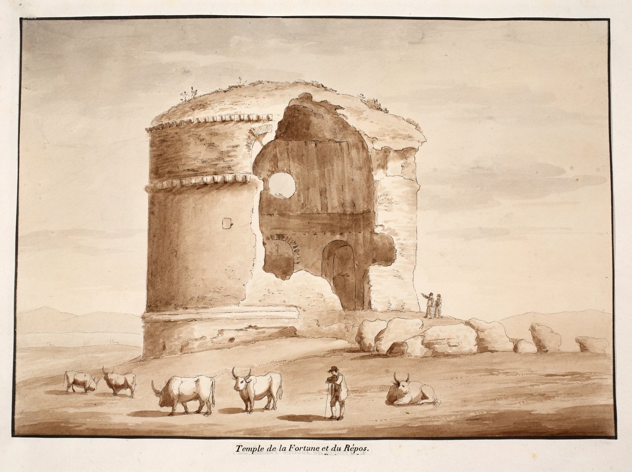 Temple of Fortune and Rest, 1833 (etsing med brun vask) av Agostino Tofanelli
