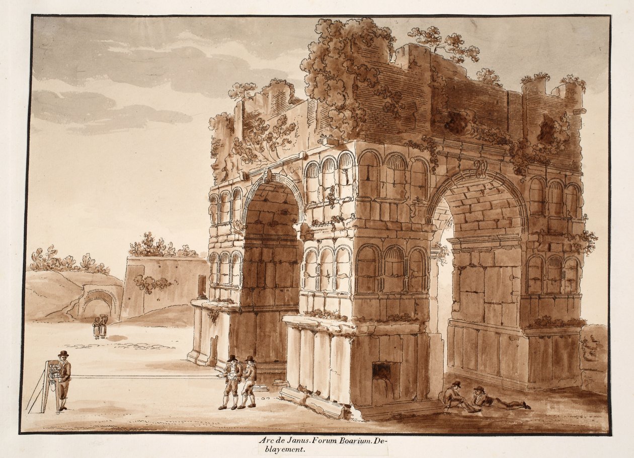 The Arch of Janus: Utgraving av Forum Boarium, 1833 (etsing med brun vask) av Agostino Tofanelli