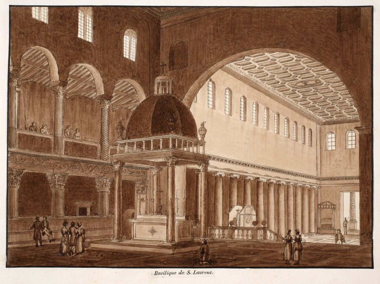 Basilica of San Lorenzo, 1833 (etsing med brun vask) av Agostino Tofanelli