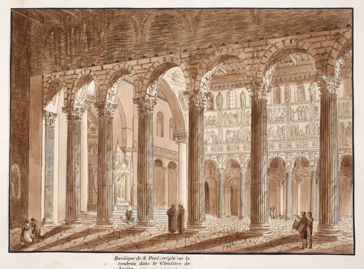 St. Paul-basilikaen, bygget på graven på Lucina-kirkegården, 1833 (etsing med brun vask) av Agostino Tofanelli