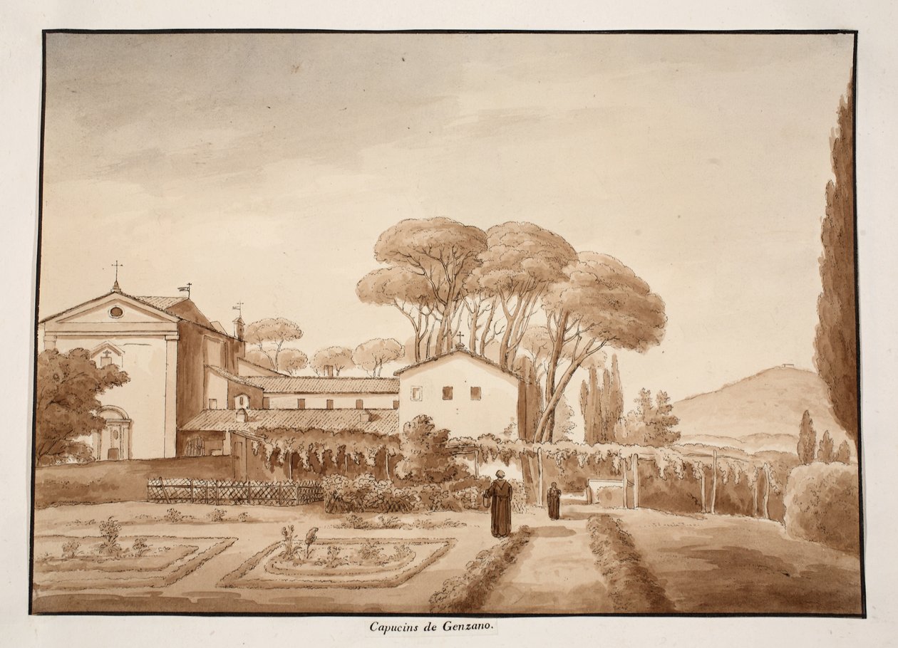 Capuchin-klosteret i Genzano, 1833 (etsing med brun vask) av Agostino Tofanelli