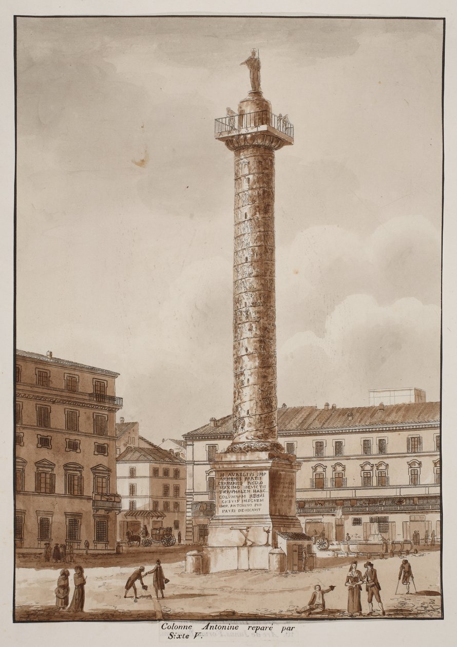 Colonna Antonina, restaurert av Sixtus V, 1833 (etsing med brun vask) av Agostino Tofanelli