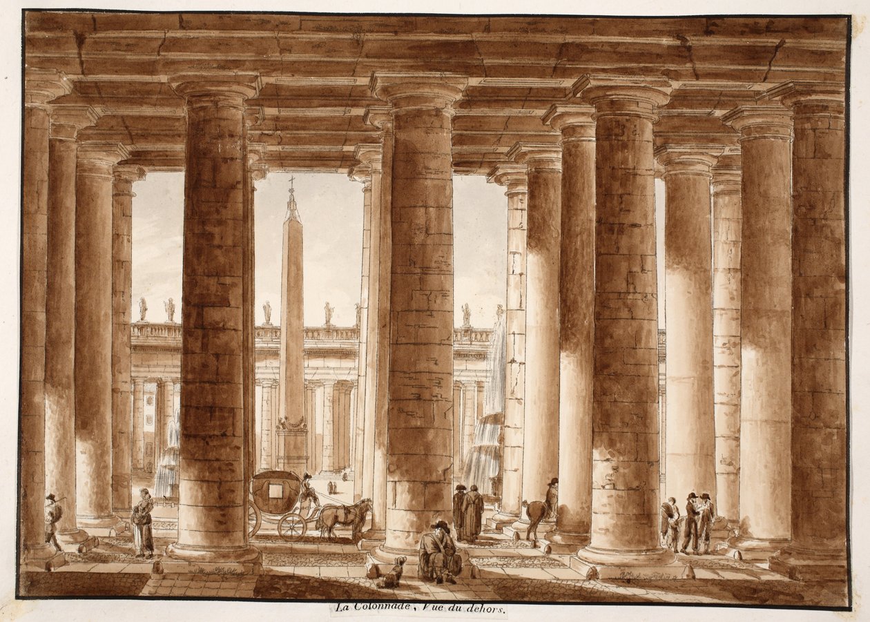 The Colonnade of St. Peter's Square, sett utenfra, 1833 (etsing med brun vask) av Agostino Tofanelli