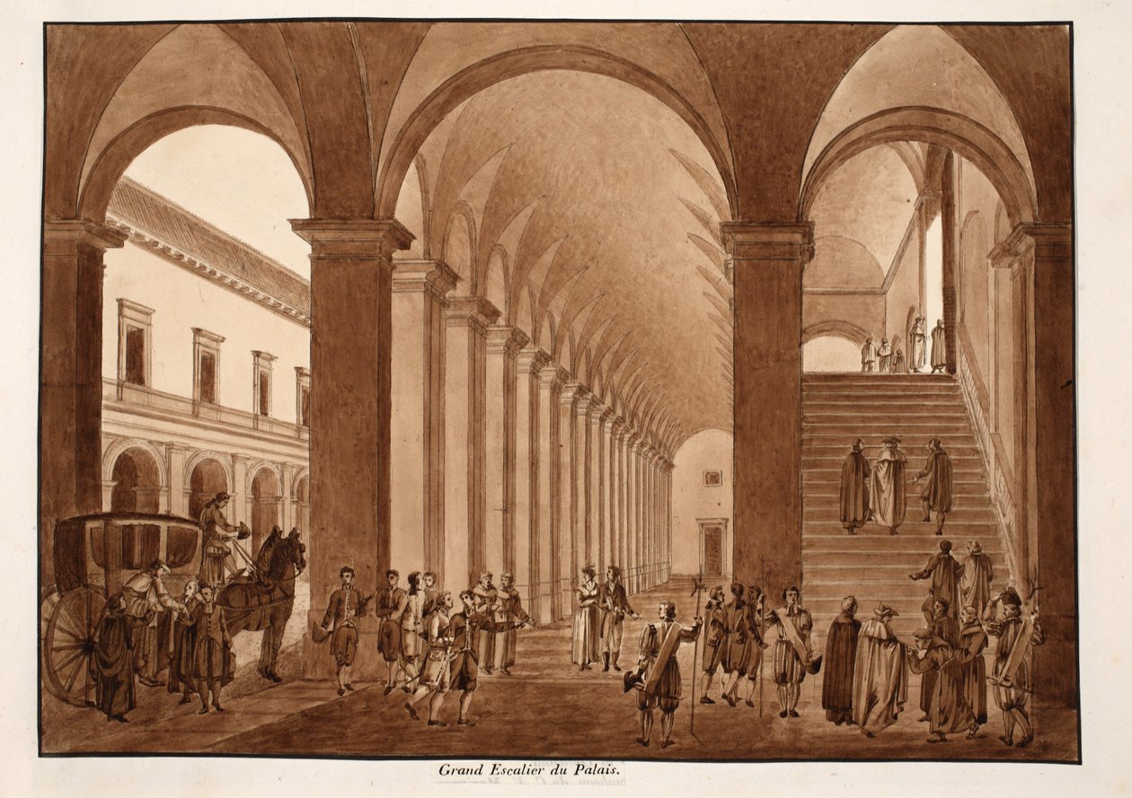Hovedtrappen til Palazzo del Quirinale, 1833 (etsing med brun vask) av Agostino Tofanelli