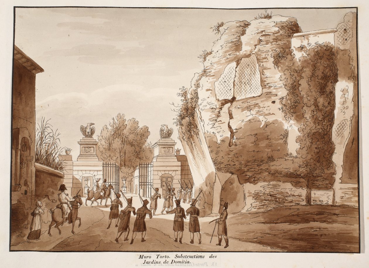 Muro Torto, og grunnlaget for Gardens of Domitian, 1833 (etsing med brun vask) av Agostino Tofanelli