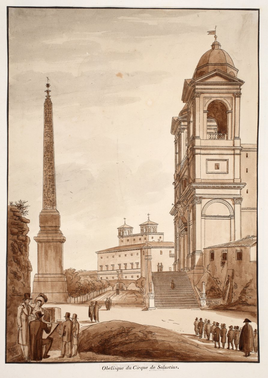 Obelisken fra Circus of Sallustius, 1833 (etsing med brun vask) av Agostino Tofanelli