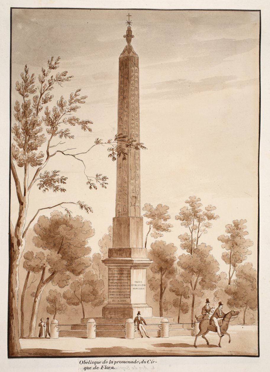 Passeggiata-obelisken, fra Circus of Flora, 1833 (etsing med brun vask) av Agostino Tofanelli