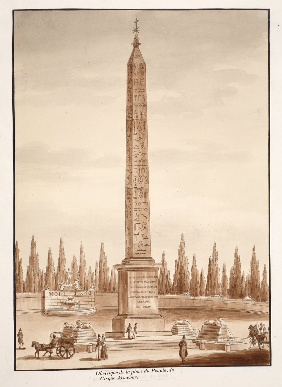Piazza del Popolo Obelisk, fra Circus Maximus, 1833 (etsing med brun vask) av Agostino Tofanelli