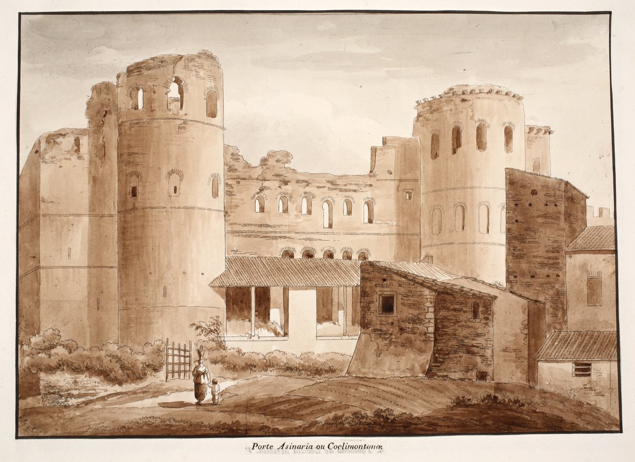 Porta Asinaria eller Coelimontana, 1833 (etsing med brun vask) av Agostino Tofanelli