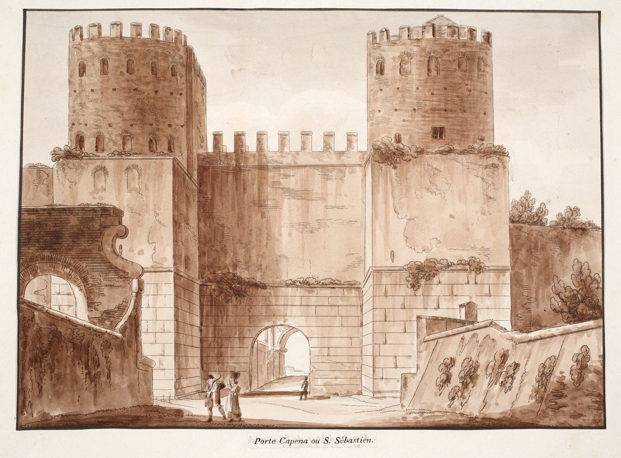Porta Capena eller Porta San Sebastiano, 1833 (etsing med brun vask) av Agostino Tofanelli