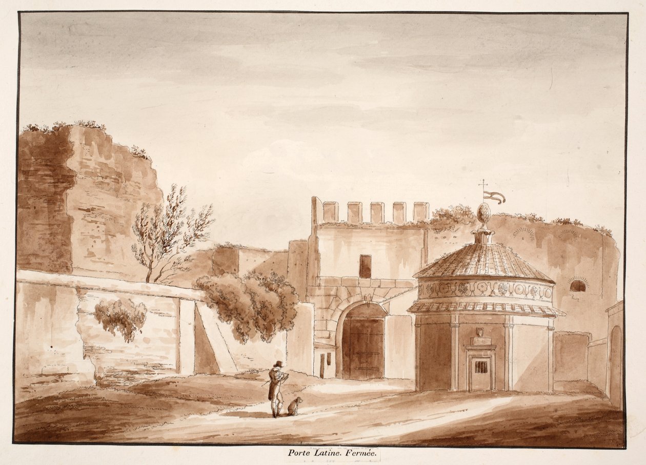 Porta Latina, lukket, 1833 (etsing med brun vask) av Agostino Tofanelli