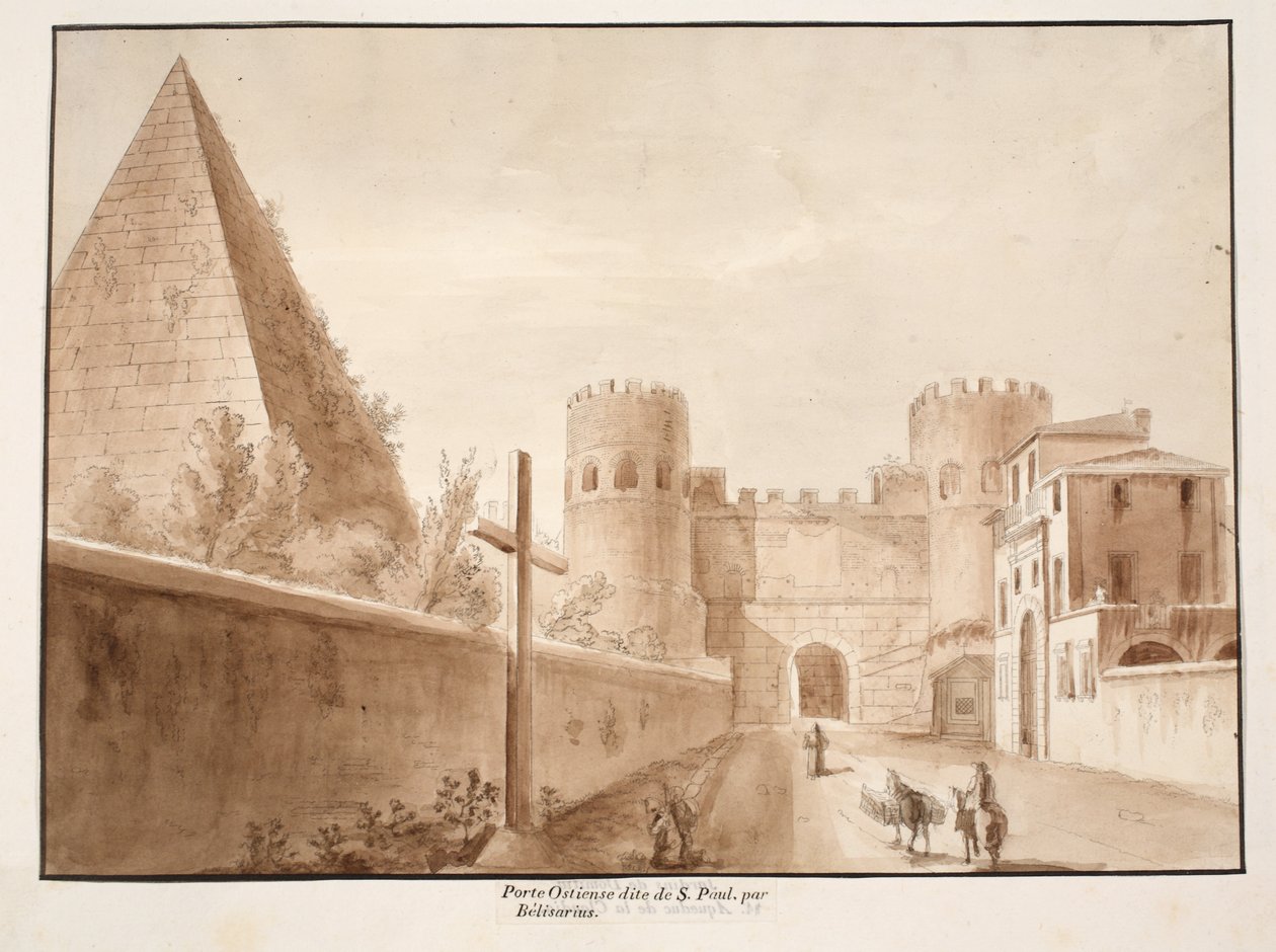 Porta Ostiensis eller San Paolo, bygget av Belisarius, 1833 (etsing med brun vask) av Agostino Tofanelli