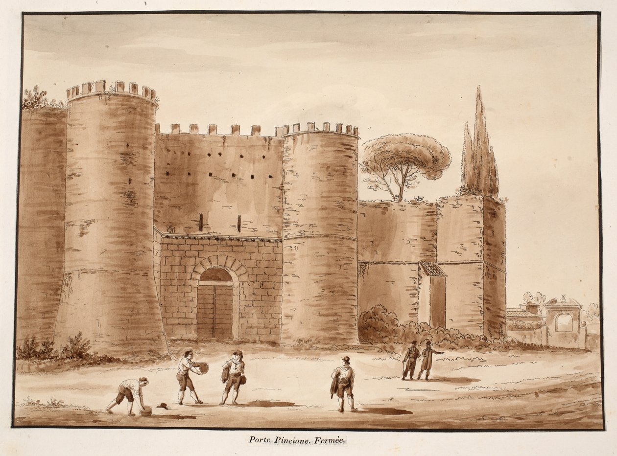 Porta Pinciana, stengt, 1833 (etsing med brun vask) av Agostino Tofanelli