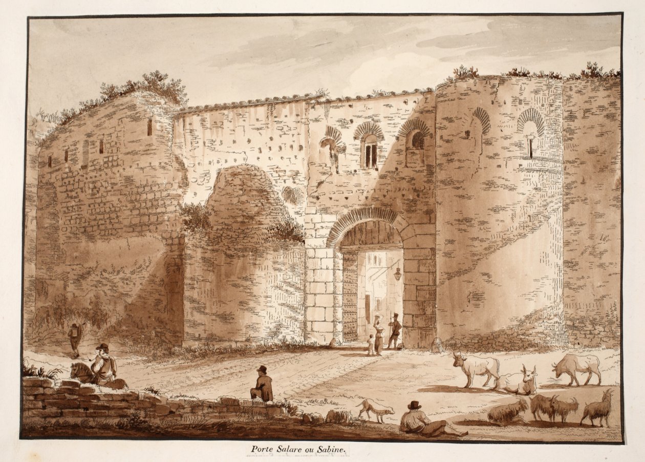 Porta Salaria, eller Sabine-porten, 1833 (etsing med brun vask) av Agostino Tofanelli