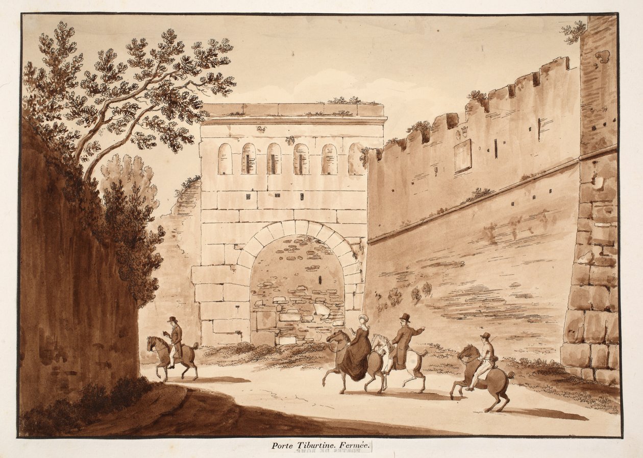 Porta Tiburtina, lukket, 1833 (etsing med brun vask) av Agostino Tofanelli
