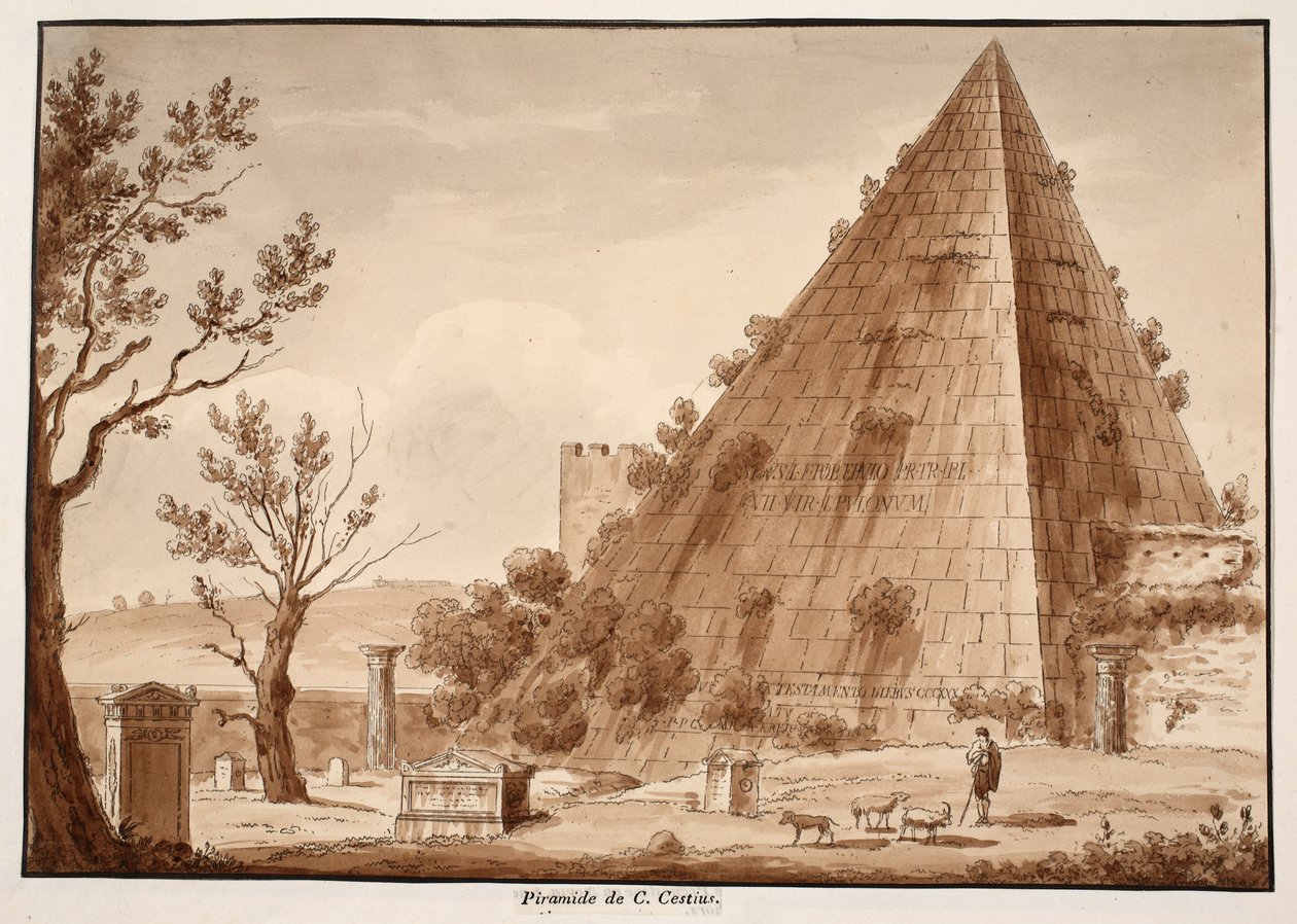 The Pyramid of C.Cestius, 1833 (etsing med brun vask) av Agostino Tofanelli