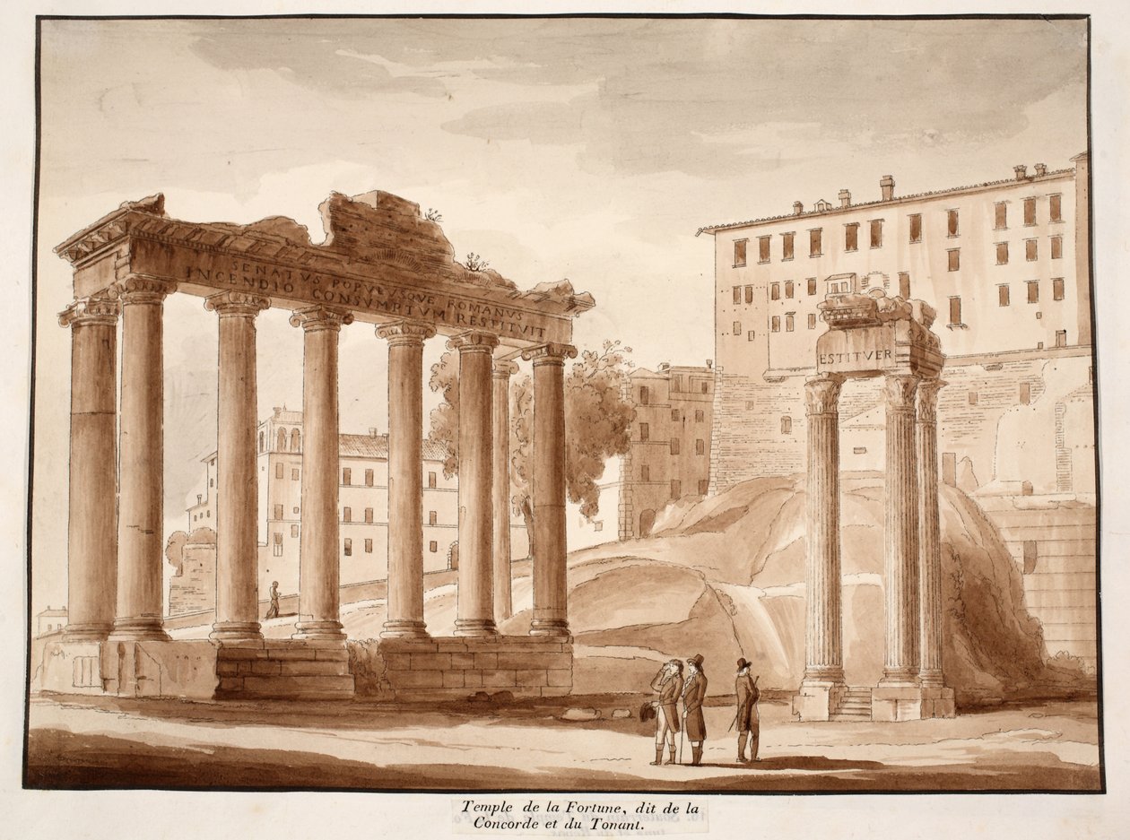 The Temple of Fortune, kjent som Temple of Concord og Temple of Jupiter Tonans, 1833 (etsing med brun vask) av Agostino Tofanelli