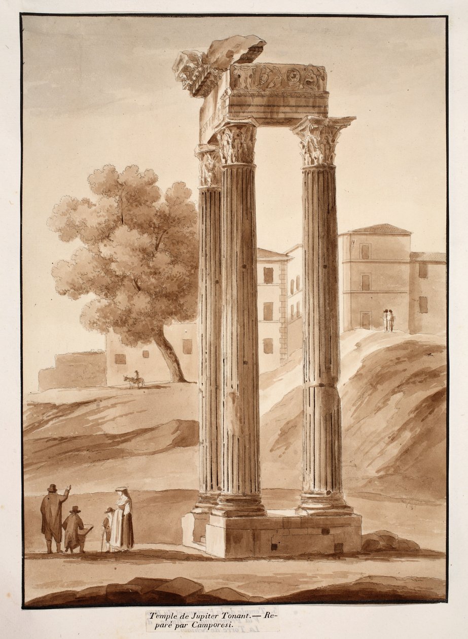 The Temple of Jupiter Tonans - Restaurert av Camporesi, 1833 (etsing med brun vask) av Agostino Tofanelli