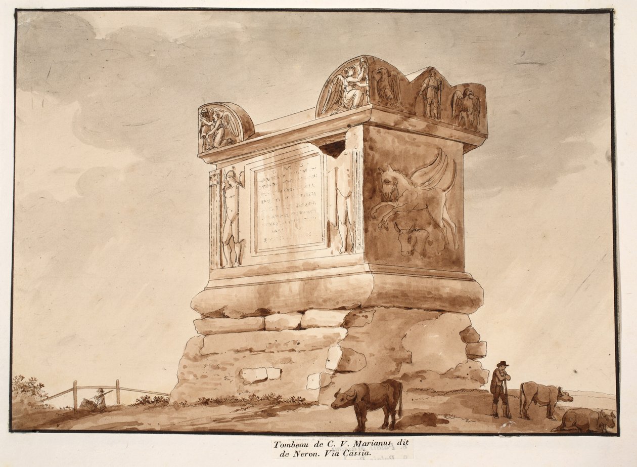 Graven til C.V. Marianus, også kjent som Neros grav. Via Cassia, 1833 (etsing med brun vask) av Agostino Tofanelli