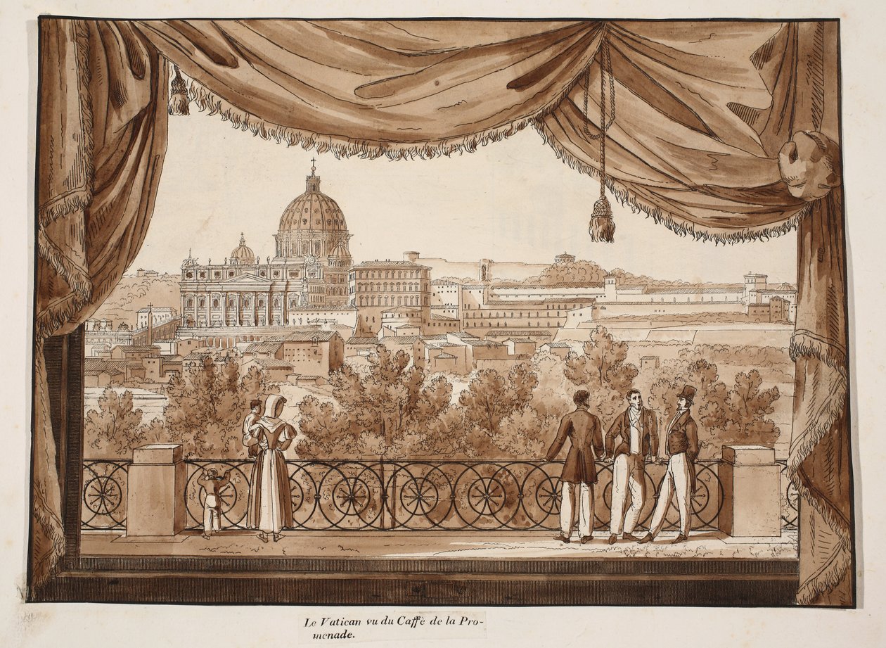 Vatikanet sett fra Caffe de la Promenade, 1833 (etsing med brun vask) av Agostino Tofanelli