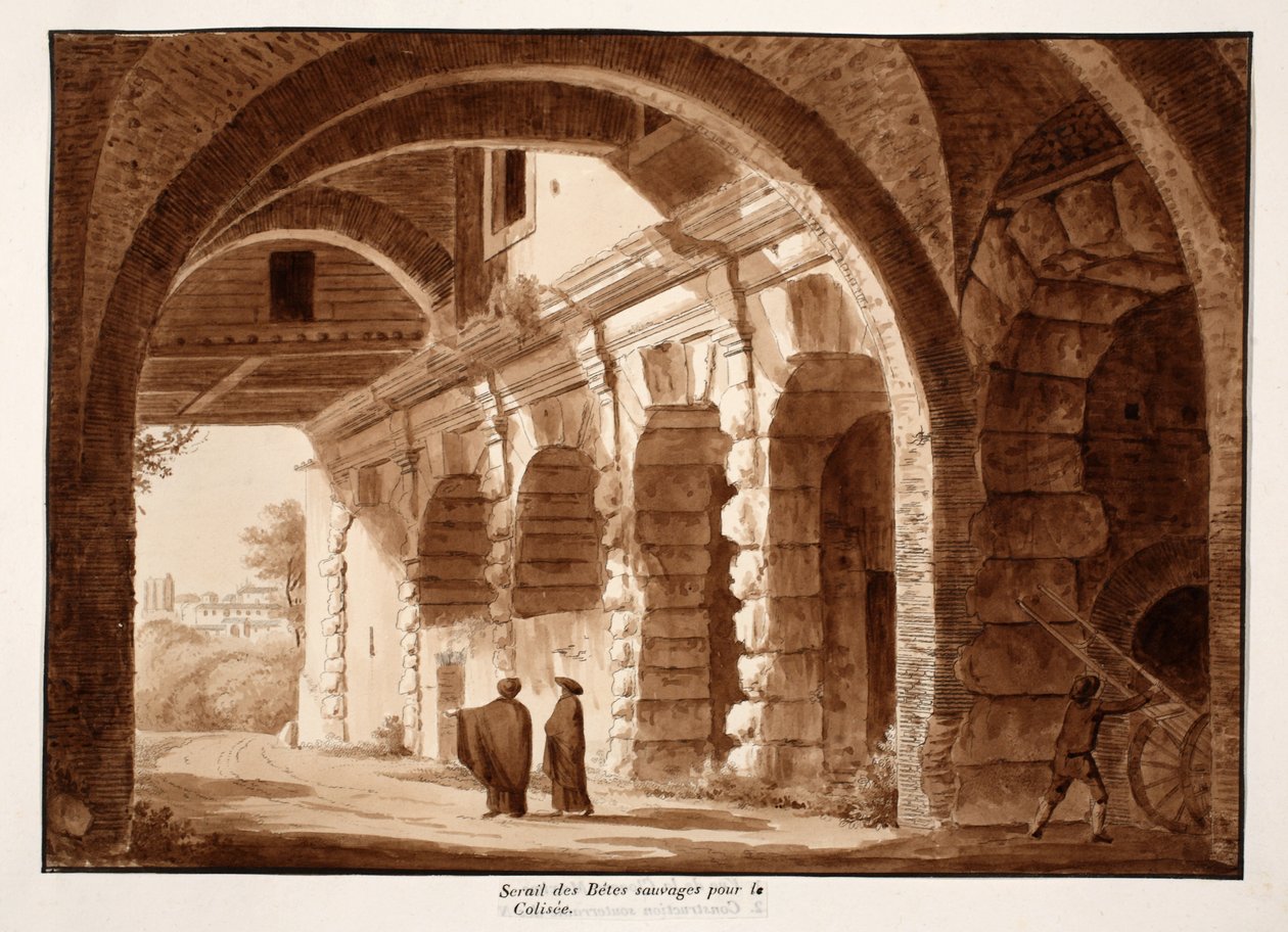 Innhegningen av ville dyr for Colosseum, 1833 (etsing med brun vask) av Agostino Tofanelli