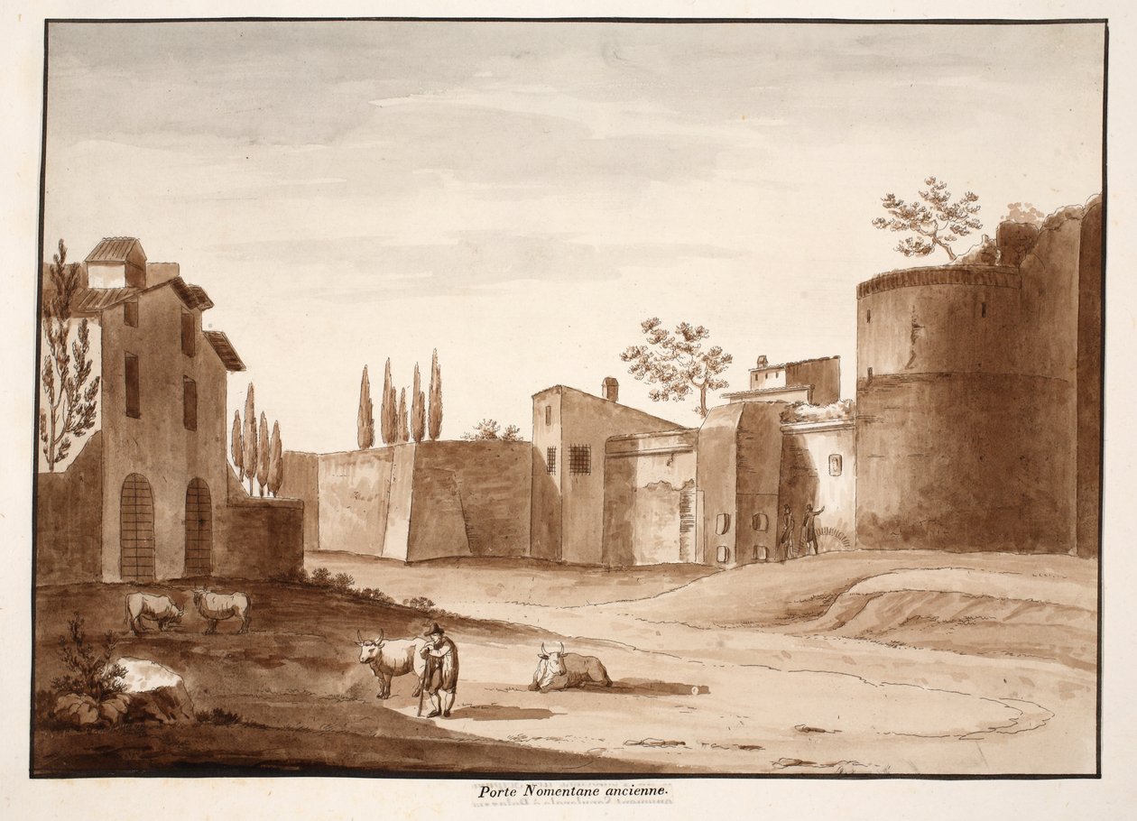 Den gamle Porta Nomentana, 1833 (etsing med brun vask) av Agostino Tofanelli