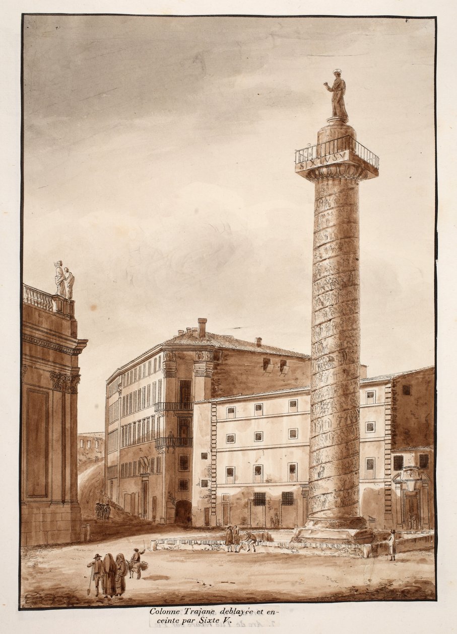 Trajans søyle, ryddet og sperret av Sixtus V, 1833 (etsing med brun vask) av Agostino Tofanelli