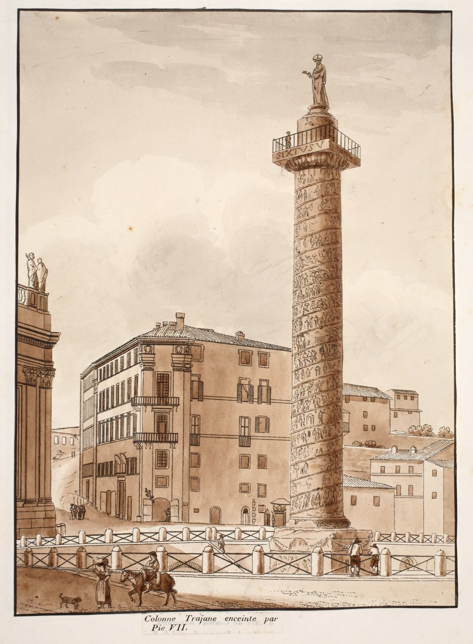 Trajans søyle, omgitt av et gjerde av Pius VII, 1833 (etsing med brun vask) av Agostino Tofanelli