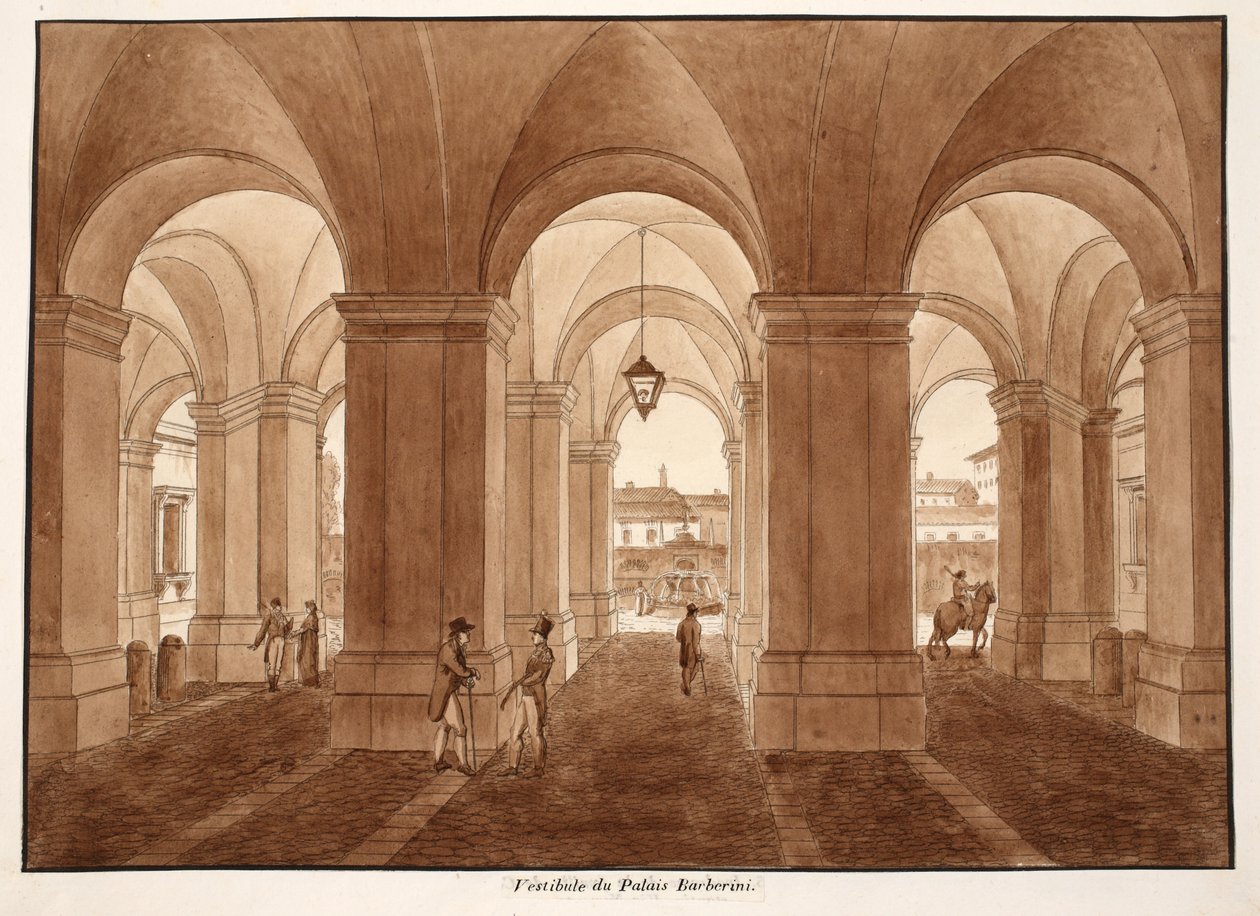 Vestibylen til Palazzo Barberini, 1833 (etsing med brun vask) av Agostino Tofanelli