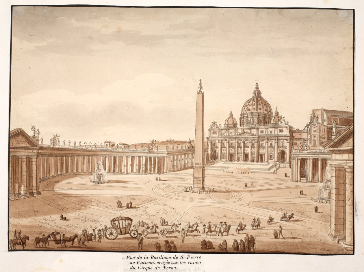 Utsikt over Peterskirken i Vatikanet, bygget på ruinene av Circus of Nero, 1833 (etsing med brun vask) av Agostino Tofanelli