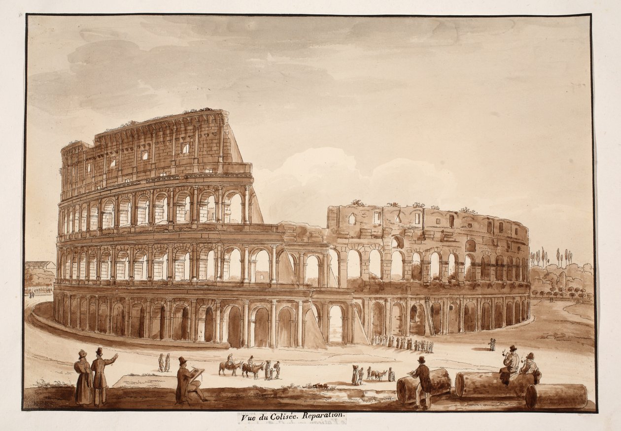 Utsikt over Colosseum under restaurering, 1833 (etsing med brun vask) av Agostino Tofanelli
