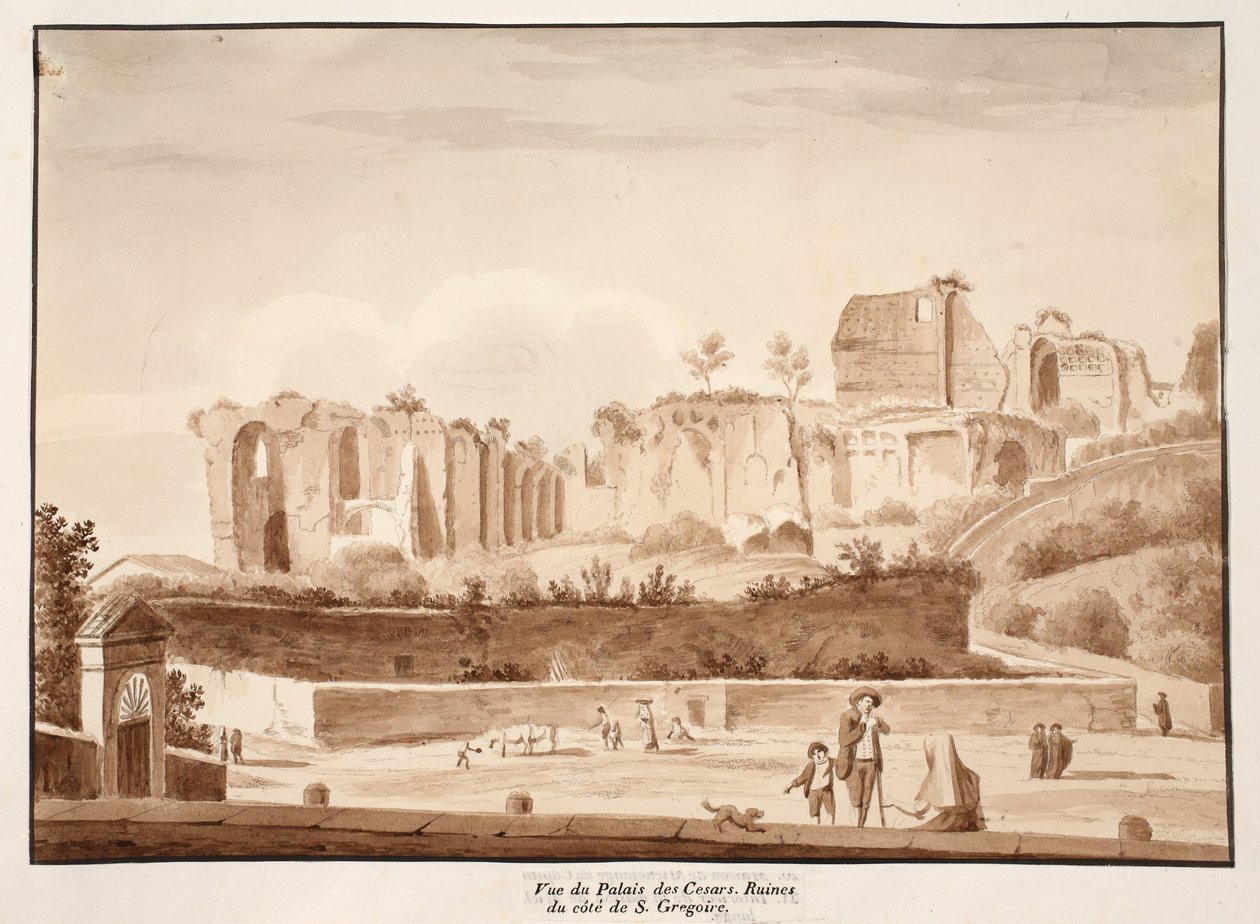 Utsikt over Caesars-palasset sett fra Via di San Gregorio, 1833 (etsing med brun vask) av Agostino Tofanelli