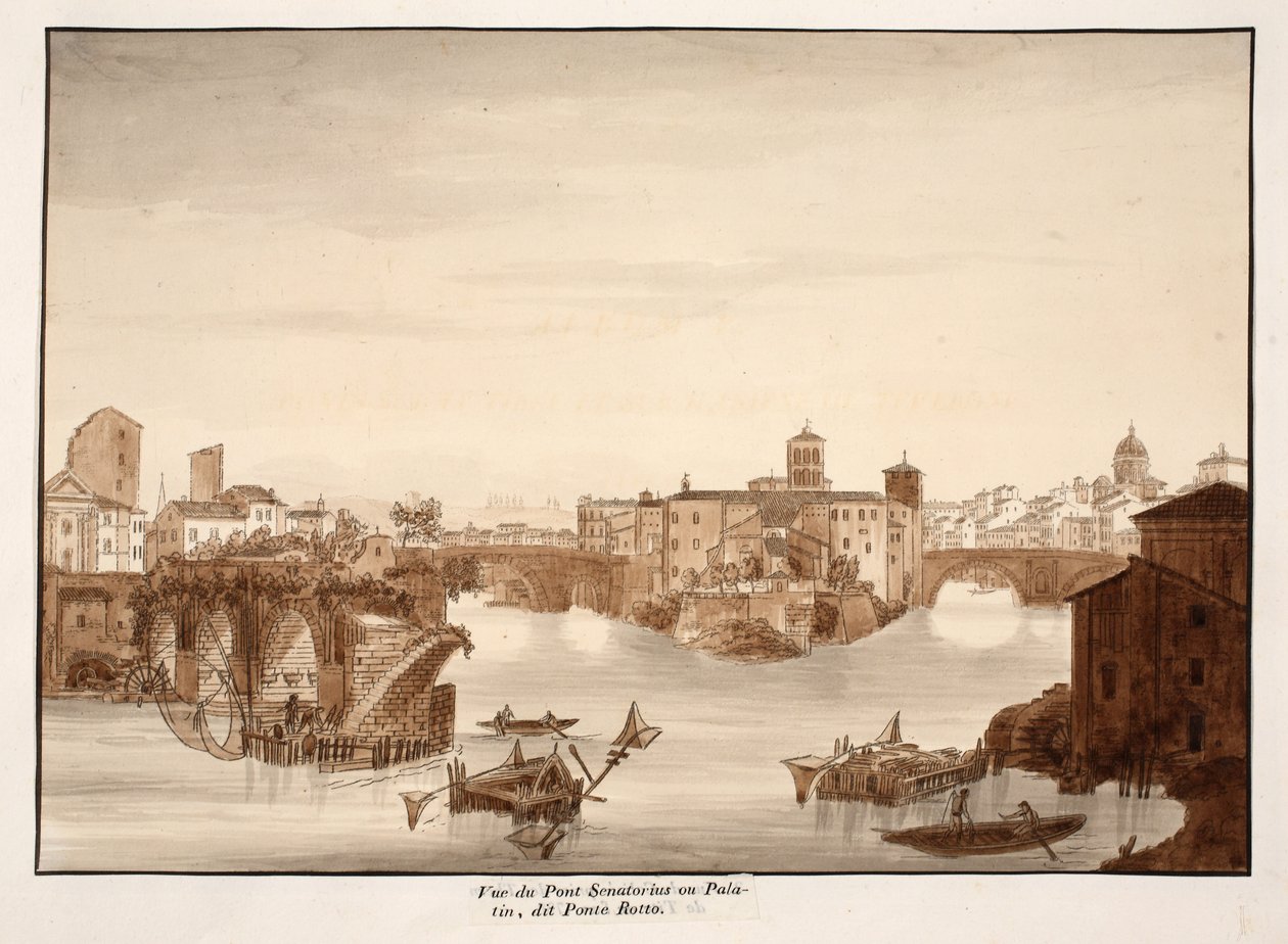 Utsikt over Palatine- eller Senatoriusbroen, kalt Ponte Rotto, 1833 (etsing med brun vask) av Agostino Tofanelli