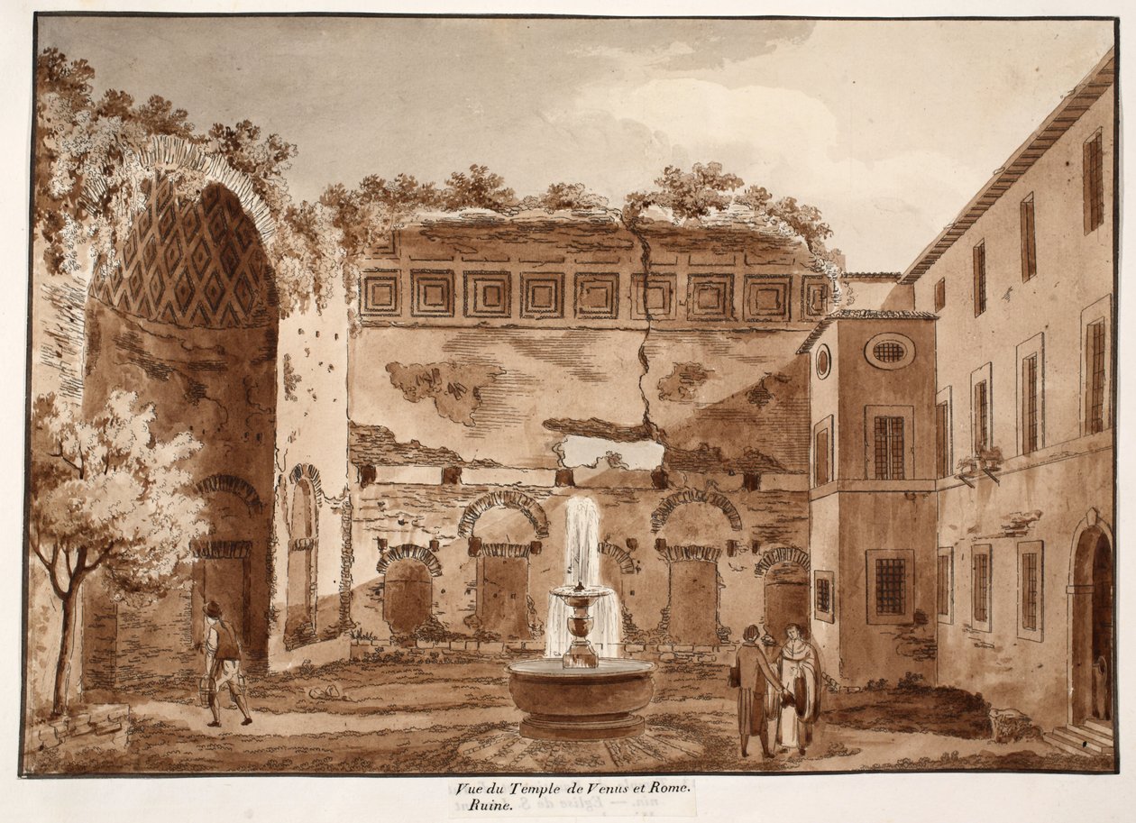 Utsikt over Venus-tempelet og Roma, ruiner, 1833 (etsing med brun vask) av Agostino Tofanelli