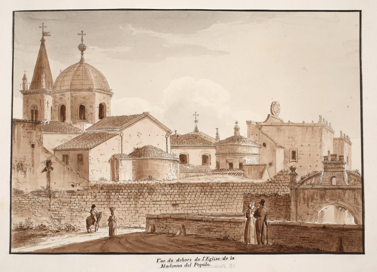 Utsikt over utsiden av kirken Santa Maria del Popolo, 1833 (etsing med brun vask) av Agostino Tofanelli