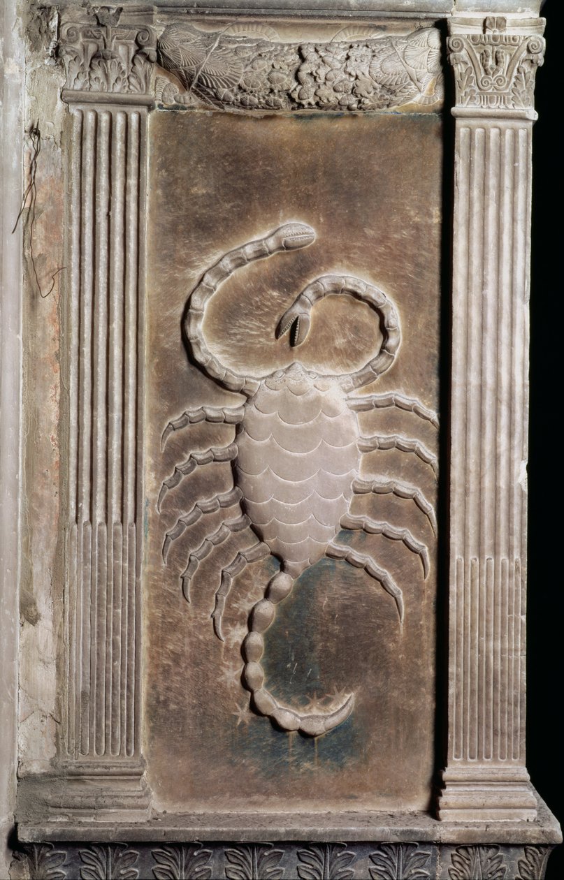 Skorpionen representert av skorpionen, fra en serie relieffer som viser planetariske symboler og stjernetegn, ca. 1450 (gips) av Agostino di Duccio