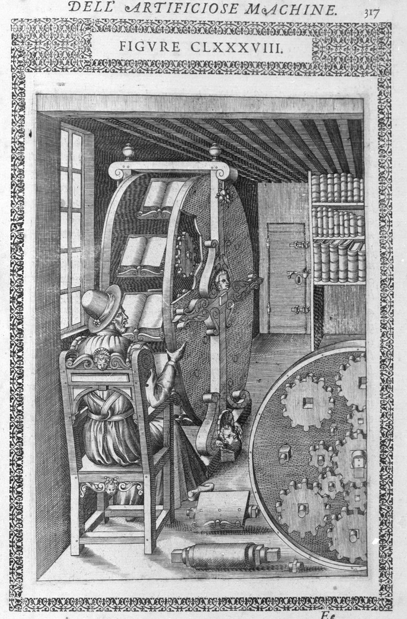 Automatisk bibliotek. Basert på et prosjekt av Agostino Ramelli i "" Diverse and Artificiose Machin"" og Milan 1600. av Agostino (after) Ramelli