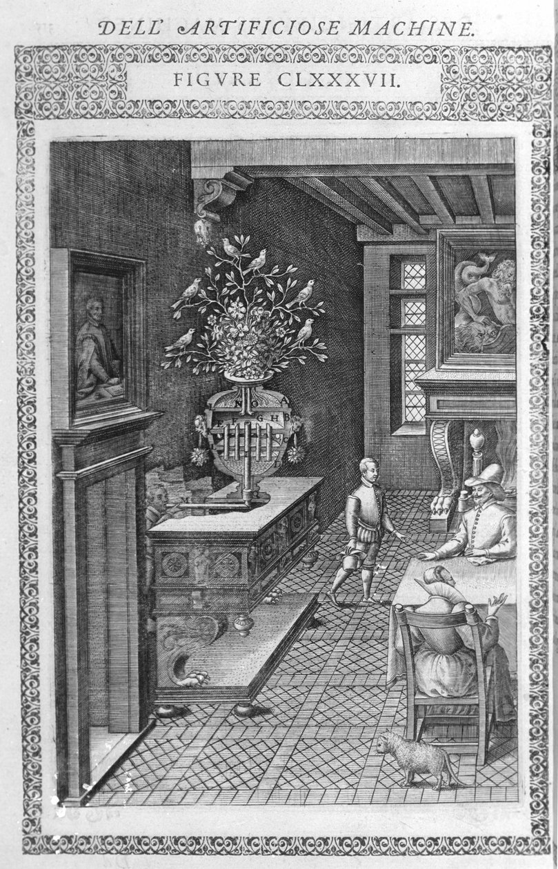Fontene med falske fugler som synger. Dette er et prosjekt av Agostino Ramelli, ifølge "" Diverse and Artificiosis Machine"". Milano 1600. av Agostino (after) Ramelli