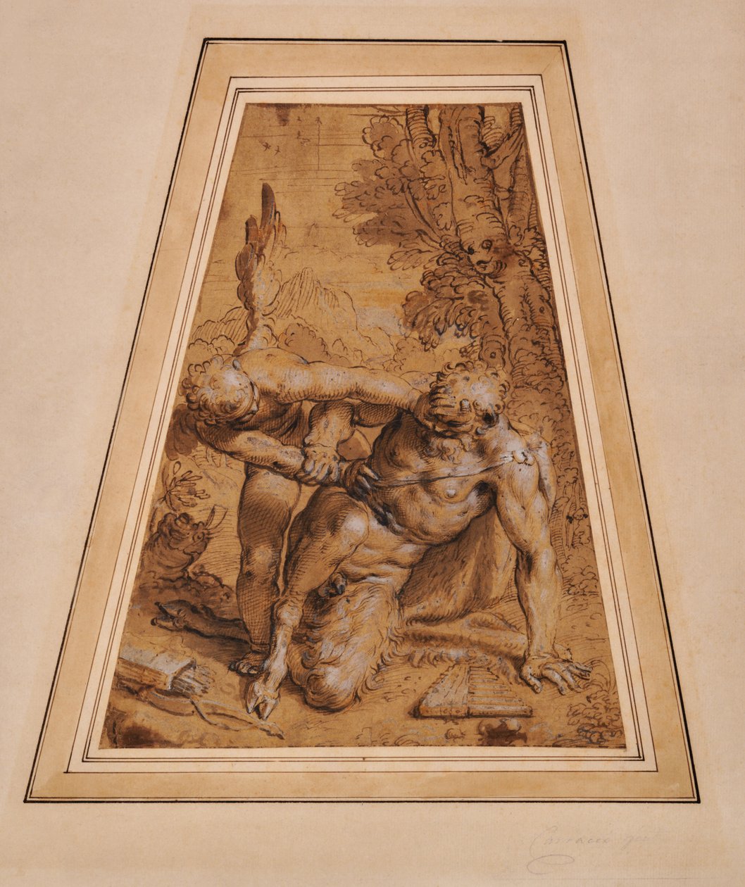 Amor erobrer Pan av Agostino (attr. to) Carracci