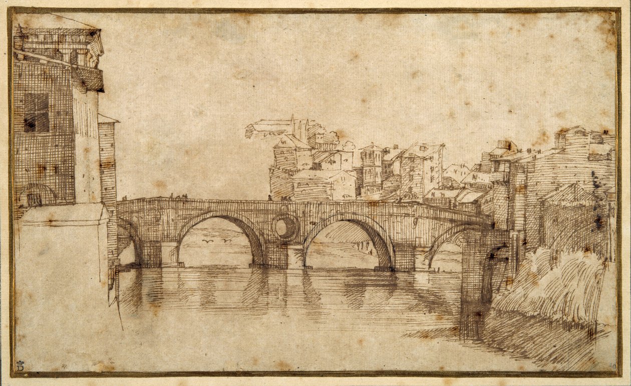 Isola Tiberina, Roma (penn og brunt blekk på papir) av Agostino (attr. to) Carracci