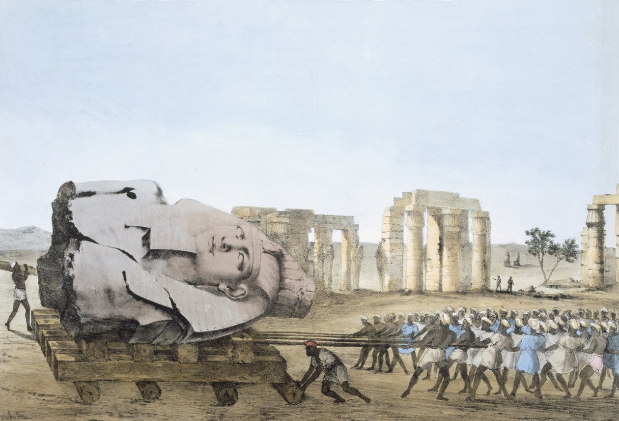 Modus der Young Memnons hode ble fjernet, fra plater som illustrerer forskningen i Egypt og Nubia, Giovannie Battista Belzoni, Pub. 1822 (fargelitografi) av Agostino Aglio