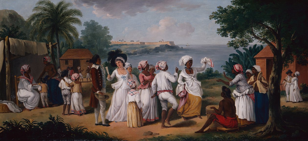 A Negroes Dance in the Island of Dominica, Fort Young beyond (olje på lerret) av Agostino Brunias
